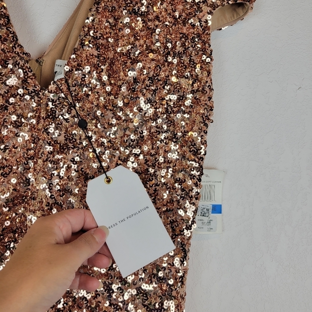 NWT Dress The Population Zoe Sequin Body Con Minidress in Soft Copper Size XL - Picture 11 of 14